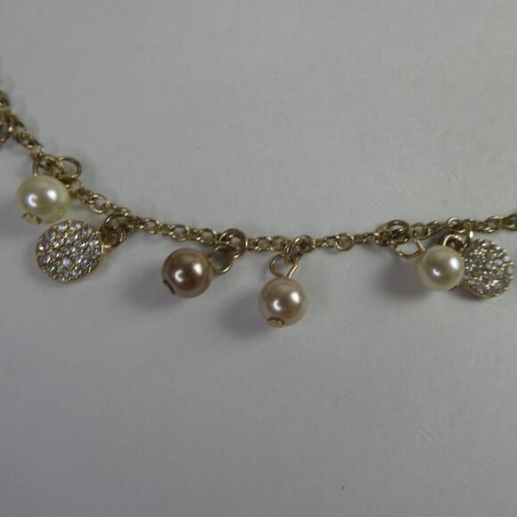 Chaps Gold Tone Dangle Faux Pearl Neutral Rhinestone Charm Necklace Movement - Picture 4 of 8